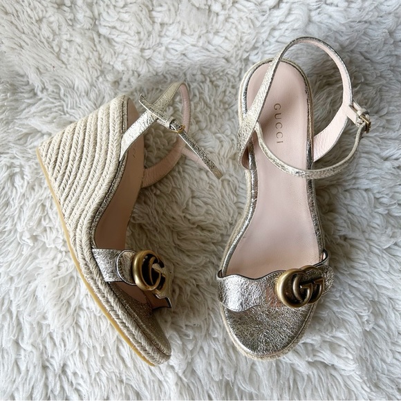 Gucci Aitana Marmont Gold Espadrille Wedges Sandals Leather GG Size EU 37 - Picture 1 of 13